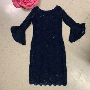 NWT NM NEIMAN MARCUS Sz 8 Navy  Lace Bell Sleeves Sequin Sheath Dress Whimsigoth